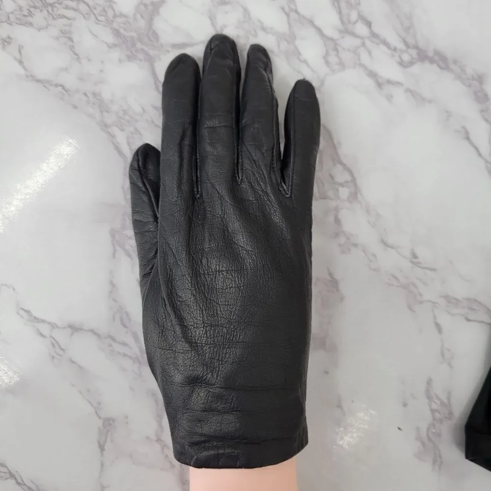 Fownes Vintage Black Leather Goat Kid Skin Short Driving Gloves Silk Lining